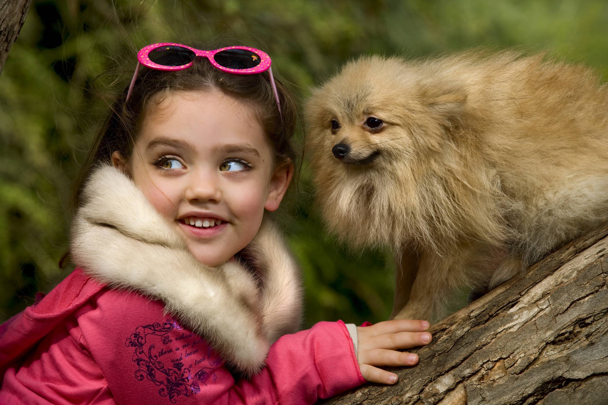 צילום כלב עם ילדה עם עינים שקד מעיל ורוד ומשקפי שמש ורודות על עץ בטבע