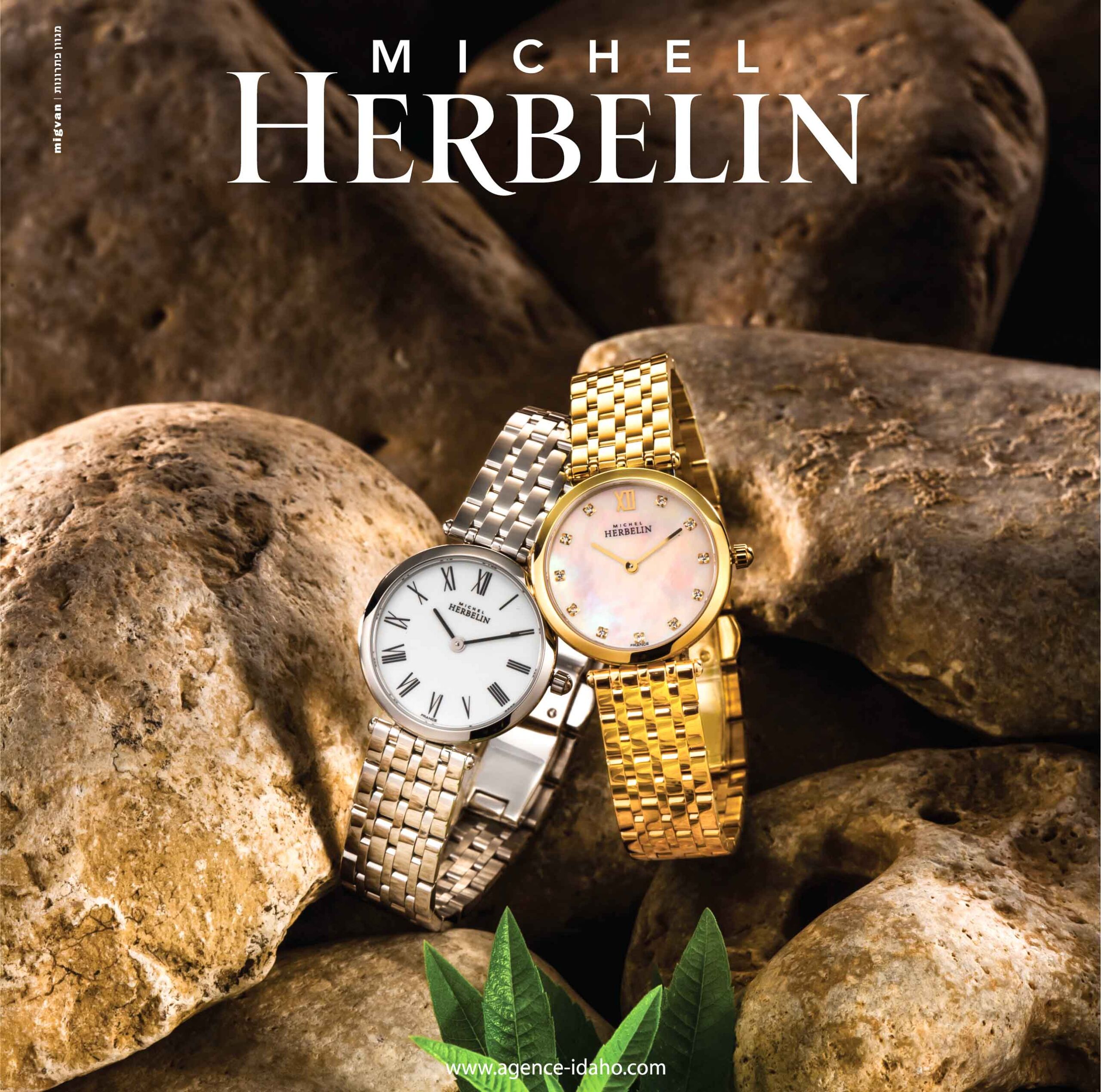 שני שעוני מתכת זהב וכסוף של חברת מישל הרבליין MICHEL HERMELIN על חלוקי נחל עם עלים ירובים מודעה של משרד פרסום מגוון פתרונות MIGVAN AGENCE-IDAHO.COM